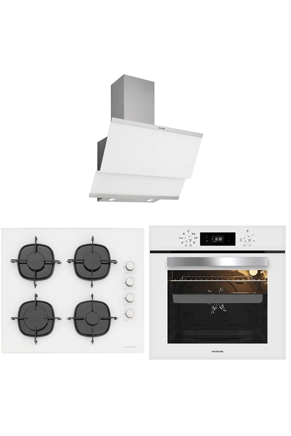 Silverline Beyaz Cam Ankastre Set (3420 Classy Davlumbaz - Cs5335w01 Ocak - Bo65e4w01 Fırın