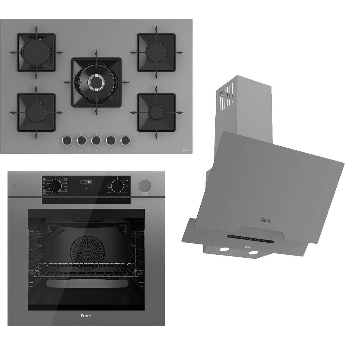 Ferre Steamart-Fryart-Sılentart Serisi Gri Set (SS038 + QEP64CPR +D065-SA) - Emaye Izgara / 75 cm Ocak