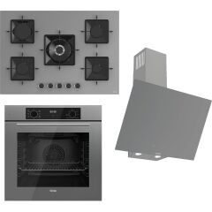 Ferre FLOWART-SILENTART Serisi Gri Set (SS038 + QBL63CPR +D079-SA) - Emaye Izgara / 75 cm Ocak