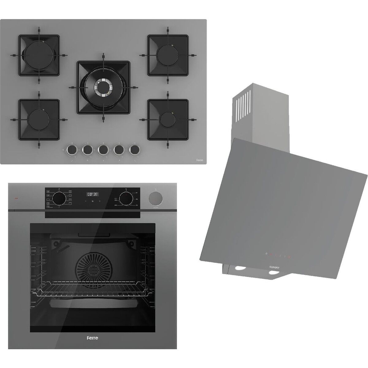Ferre Steamart-Fryart-Sılentart Serisi Gri Set (SS038 + QEP64CPR +D079-SA) - Döküm Izgara / 75 cm Ocak