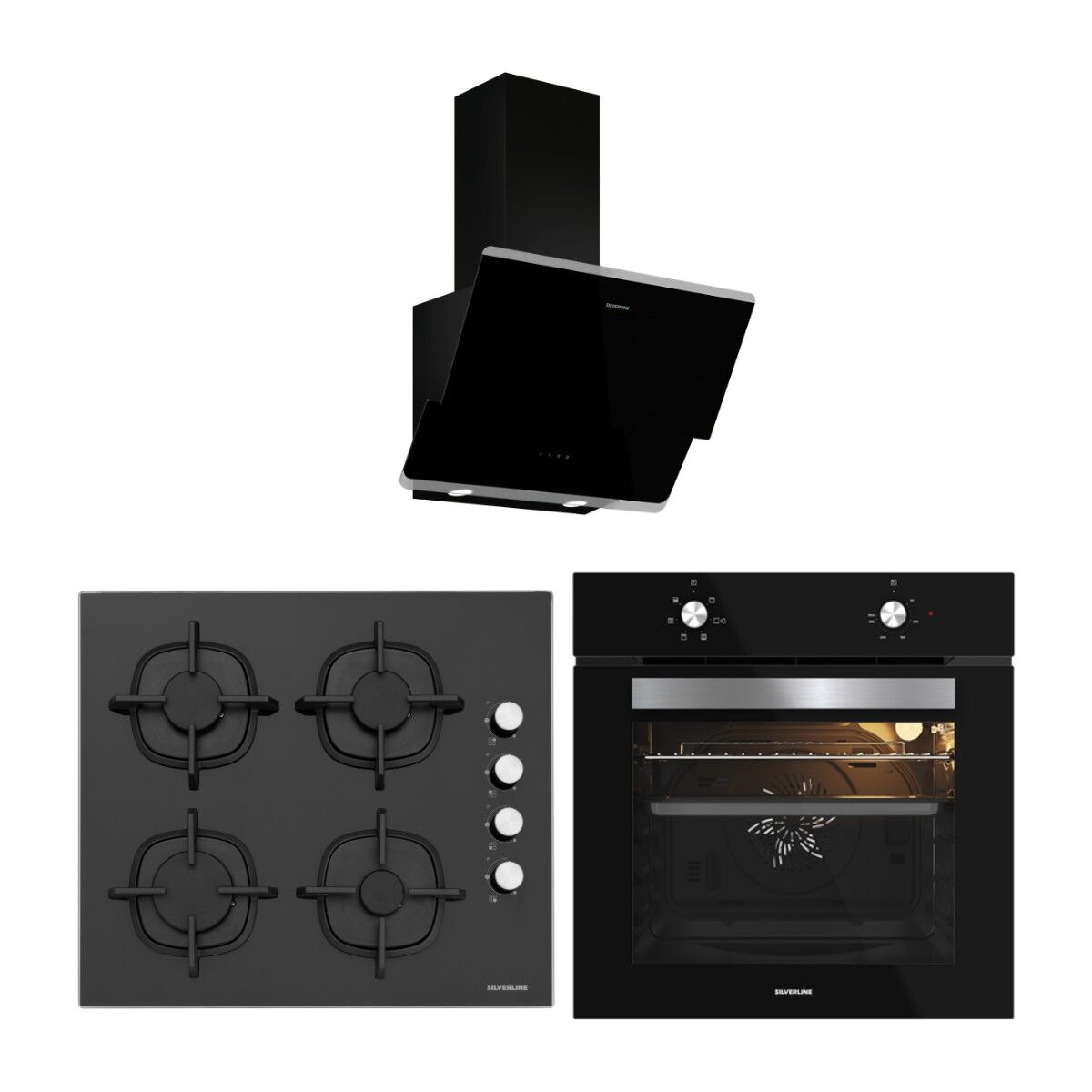 Silverline Siyah Cam Ankastre Set (3490 Oslo Davlumbaz - CS5343B01 Ocak - BO65E1B01 Fırın)