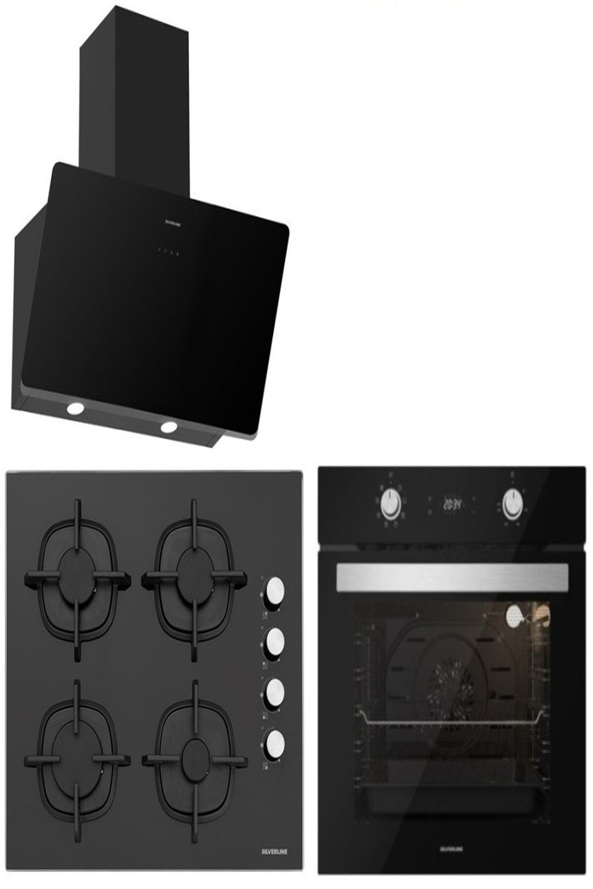 Silverline Siyah Cam Ankastre Set 5 Yıl Garanti (3457 Soho 60+cs5343b01+bo6504b01 3Lü)