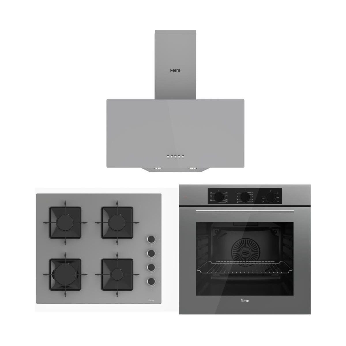 Ferre Gri Cam Ankastre Set (D088 Gri Davlumbaz -SS208 Gri Ocak- QBL62CPR Gri Fırın)