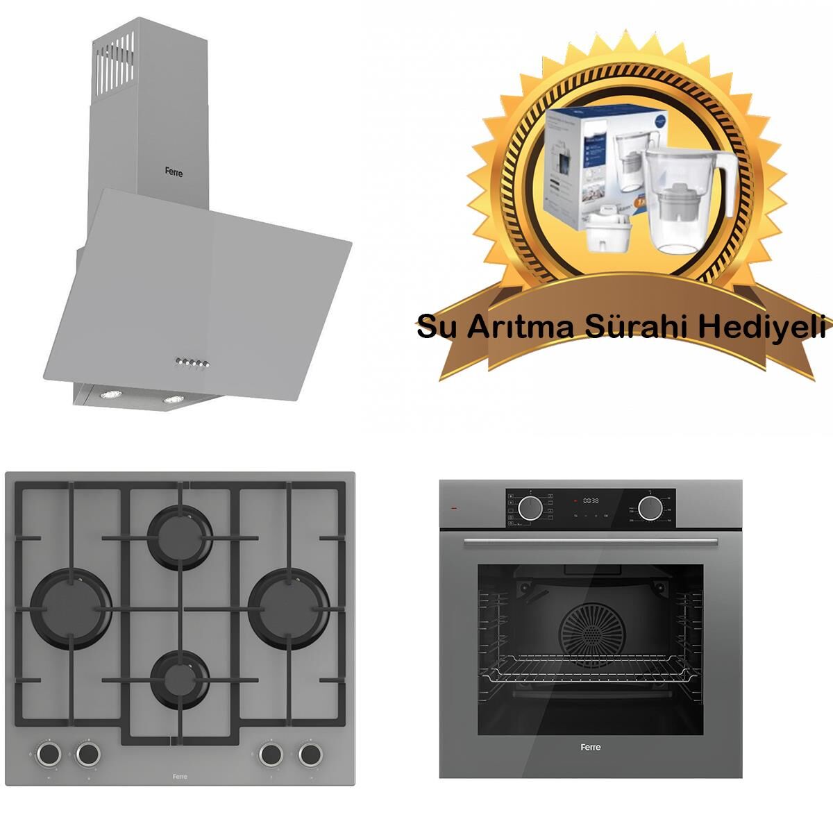 Ferre Fryart Gri Cam Ankastre Set D088- LN388 Döküm Izgara Önden Düğmeli Ocak - Xe63cpr FryArt