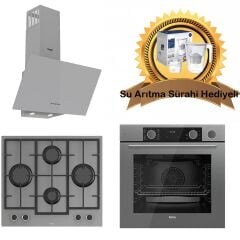 Ferre Fryart & SteamArt Gri Cam Ankastre Set D088 - LN388 Döküm ızgaralı Önden Düğmeli Ocak - XE64CPR Buharli fırın