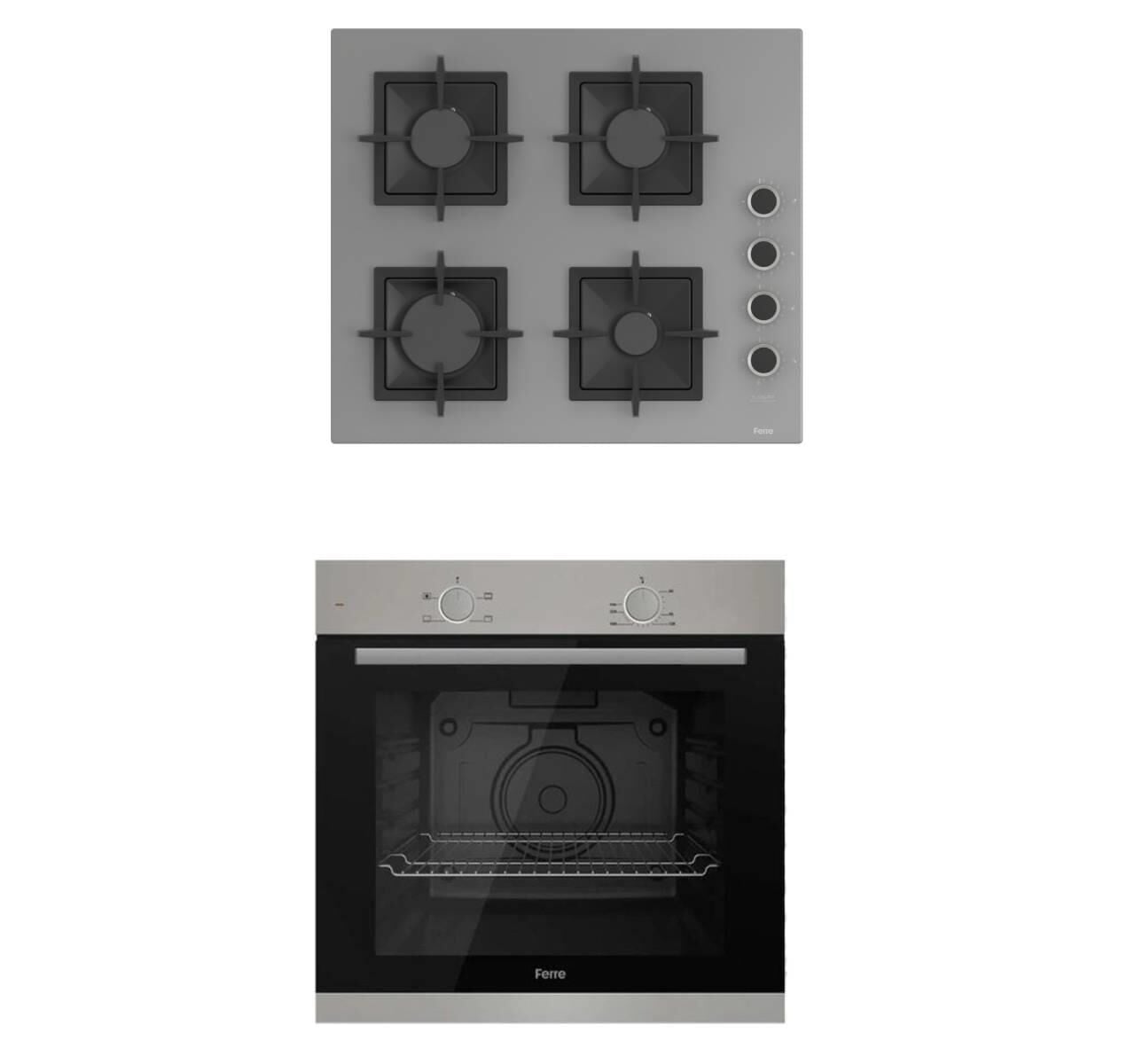 Ferre 2'li ikili Gri Cam Ankastre Set SC208 Kare Ocak - XE61MDV Fırın