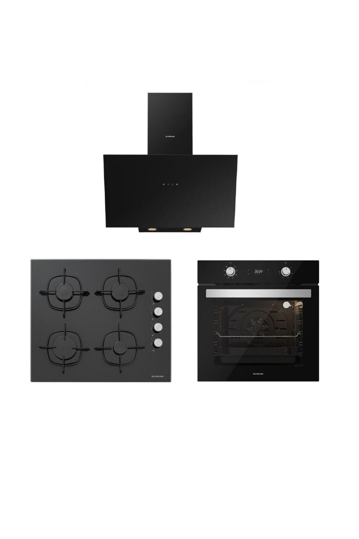 Silverline Siyah Cam Ankastre Set (3481 Flam 60+cs5335b02+bo6504b01)