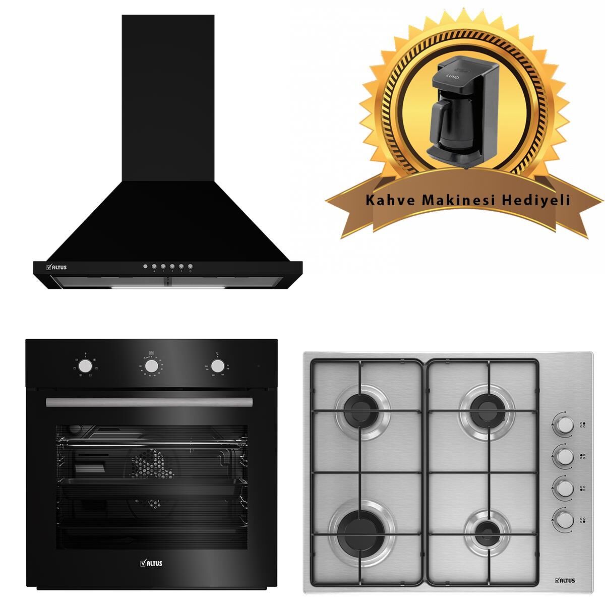 Altus Siyah Inox Eko Ankastre Set 521 B Conic Davlumbaz -181 GID Inox Ocak - 133 B Turbo Fırın