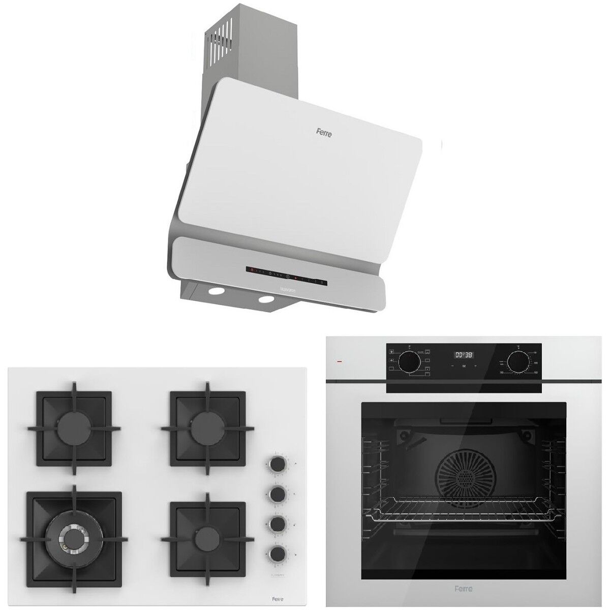 Ferre White FryArt 3 Lü Ankastre Set ( QEP63CB - SC406-WFA - D081-SA ) A++ Sessiz Davlumbaz - 65 cm Wok Bek Ocak