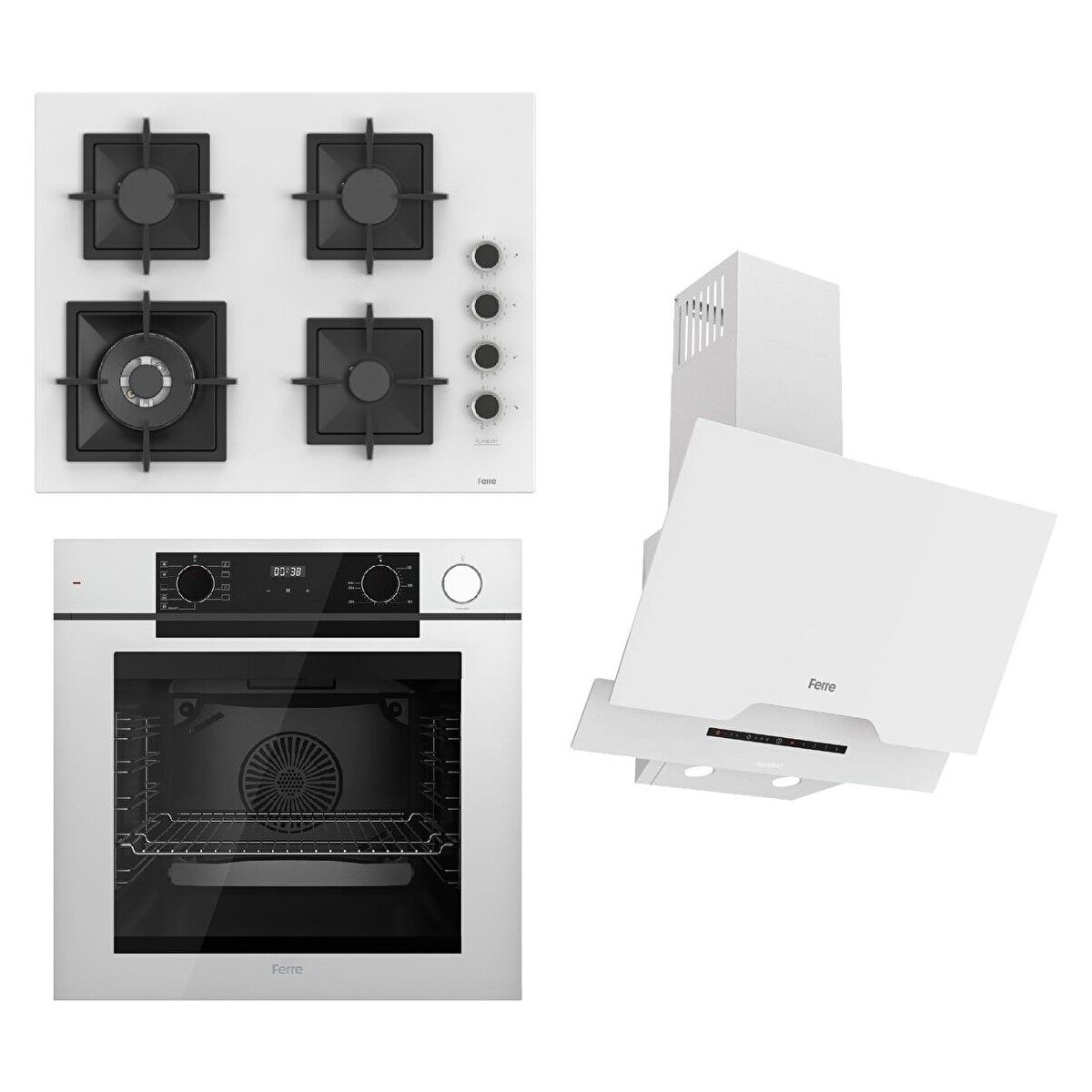 Ferre Steamart-Fryart-Silentart Serisi Beyaz Set (SC406-WFA + QEP64CB +D064-SA ) - Döküm Izgara / 65 cm Ocak