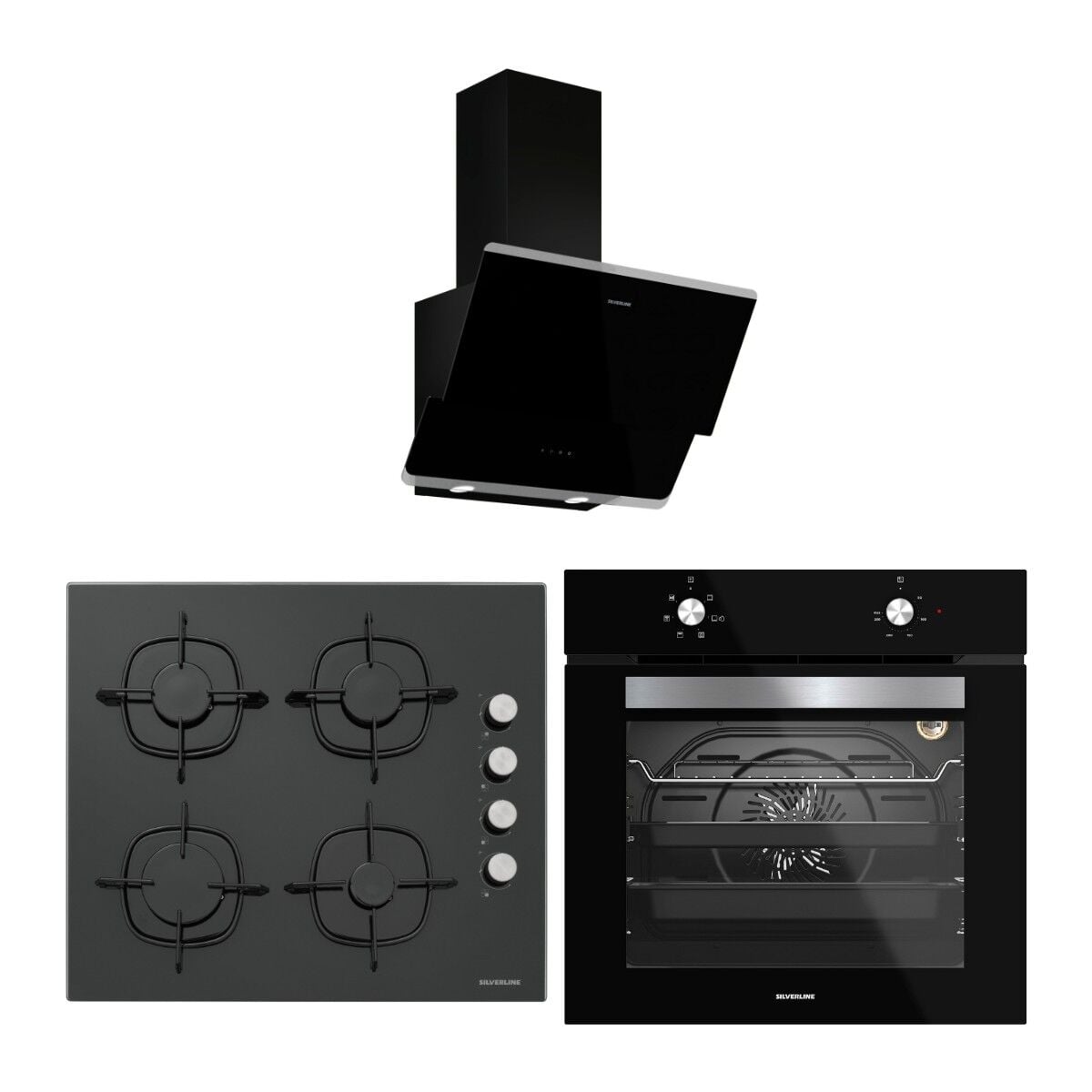 Silverline Siyah Cam Ankastre Set (3490 Oslo Davlumbaz - CS5335B02 Ocak - BO6501B01 Fırın)