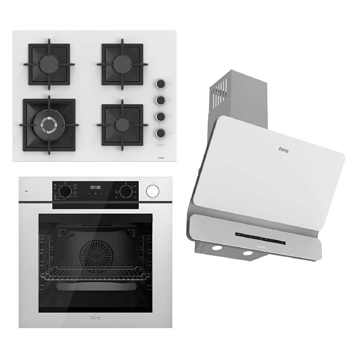 Ferre Steamart-Fryart-Silentart Serisi Beyaz Set (SC406-WFA + QEP64CB +D081-SA ) - Döküm Izgara / 65 cm Ocak