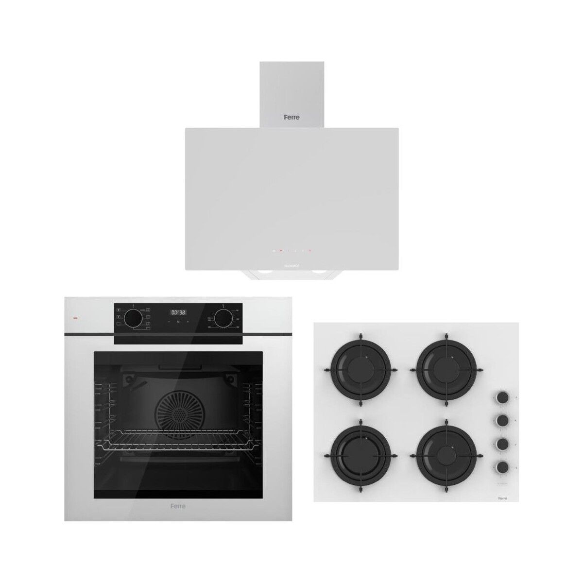 Ferre Artline Beyaz Ankastre Set (D078-SA Beyaz Davlumbaz - CS206-FA 60 cm Beyaz Ocak - QEP63CB Fryart Beyaz Fırın)