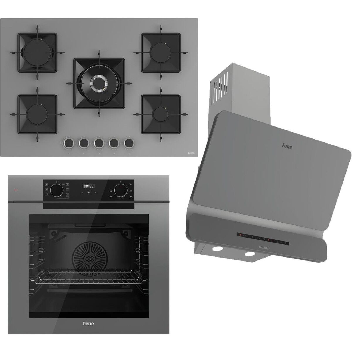 Ferre Fryart-Sılentart Serisi Gri Set (SS038 + QEP63CPR +D082-SA) - Döküm Izgara / 75 cm Ocak